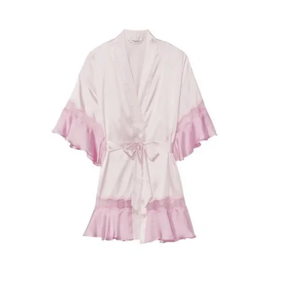 New Ruffle Sleeve Whisper Pink Flounce Satin Kimono Robe Intimates Sleepwear